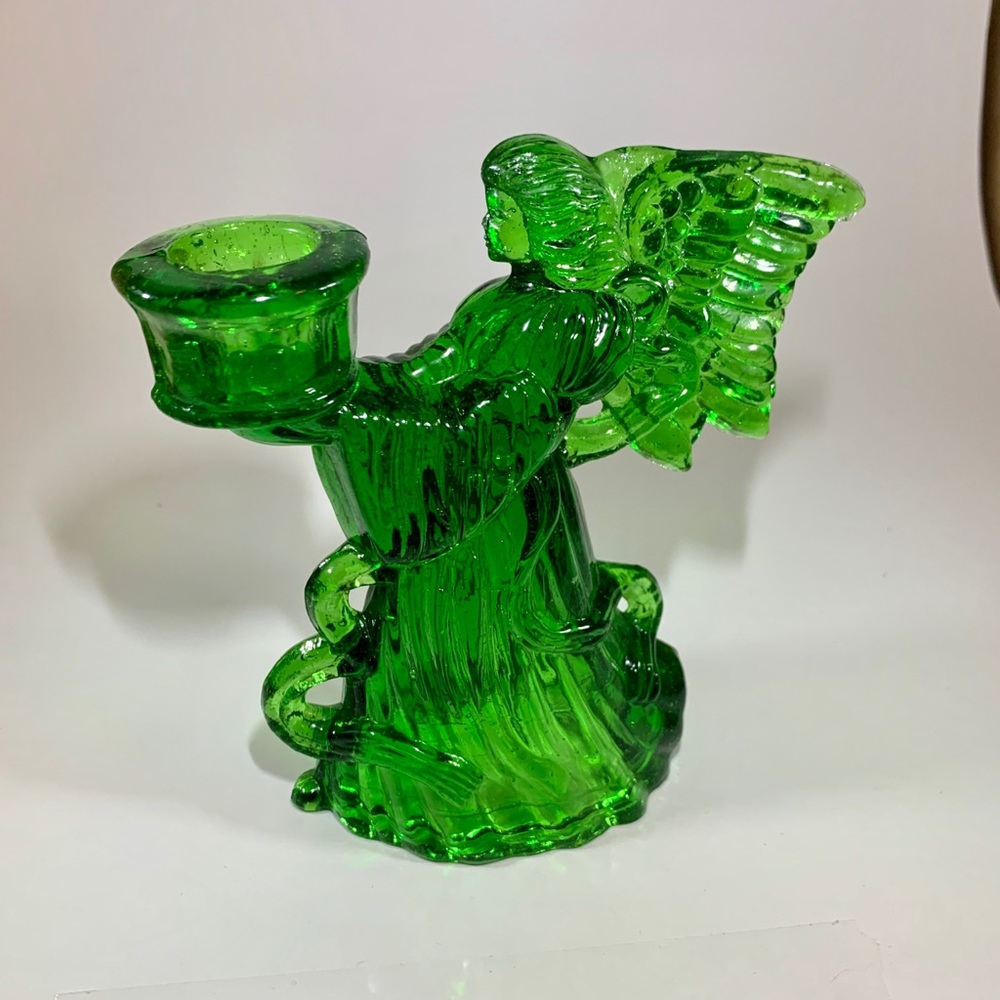 Vintage Green Glass Angel Candle Holder